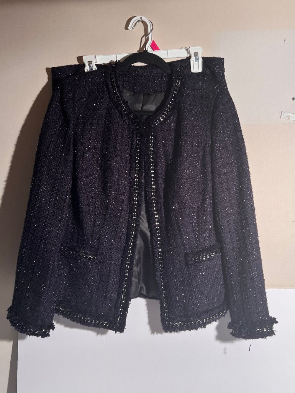 Vintage Metallic Sparkle Bouclé Skirt Suit Set Chain Trim Black Navy
